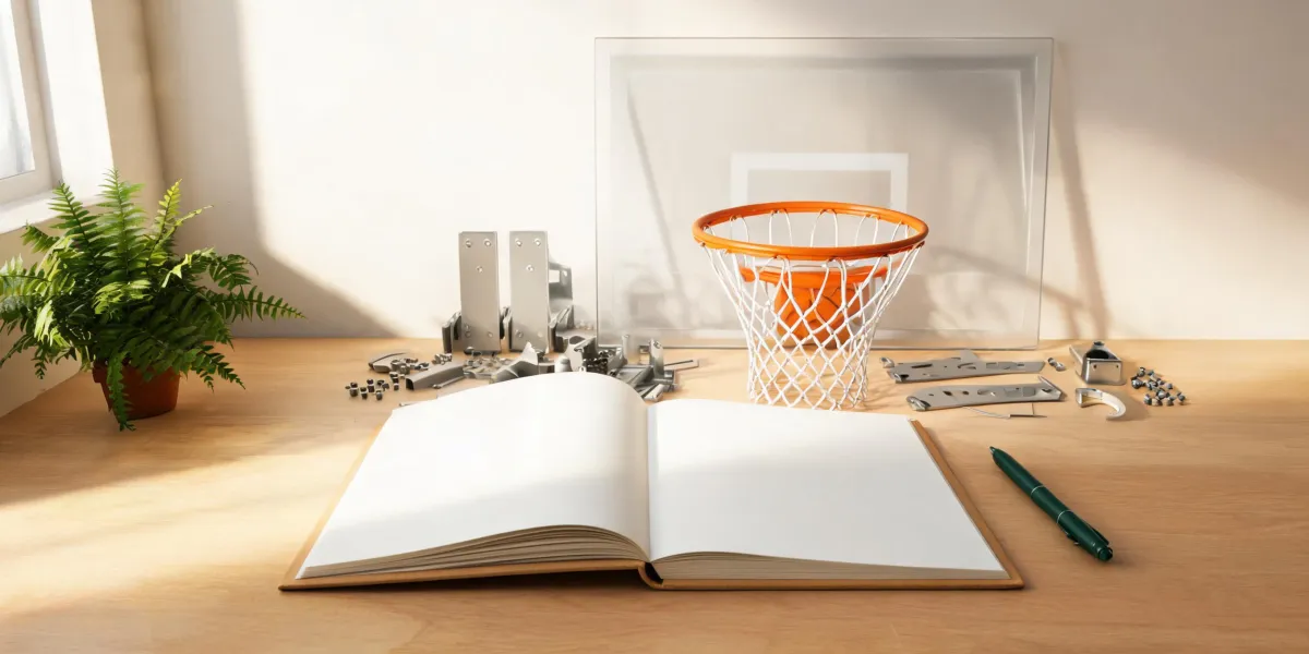 Unbranded basketball hoop components and a procurement notebook