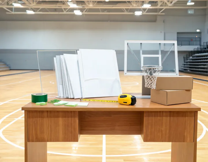 Basketball backboard and rim on a specification review table