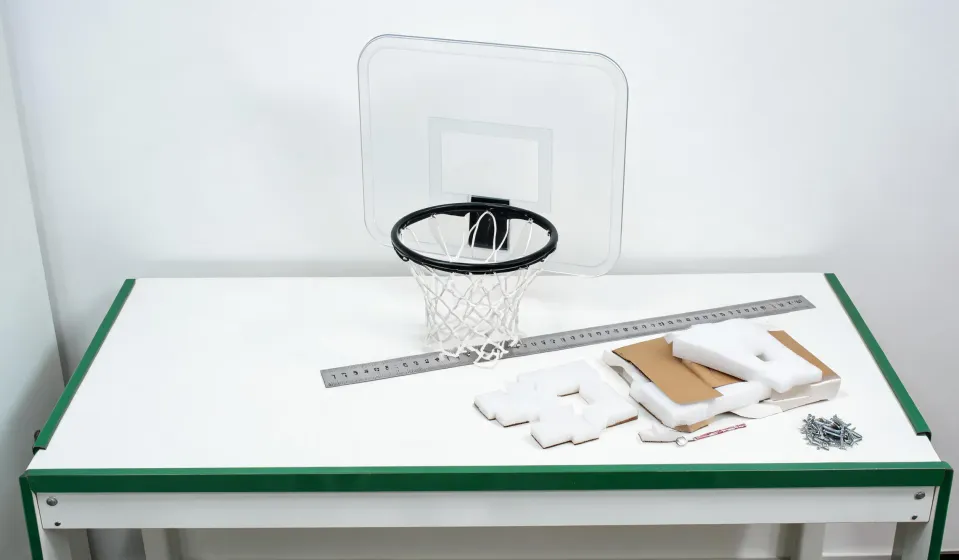 Indoor hoop sample review with ruler and artwork proof